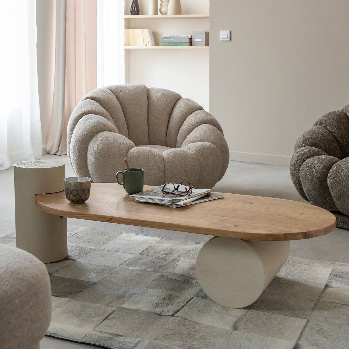 Table basse ovale en bois effet béton et bois d'acacia Dalva