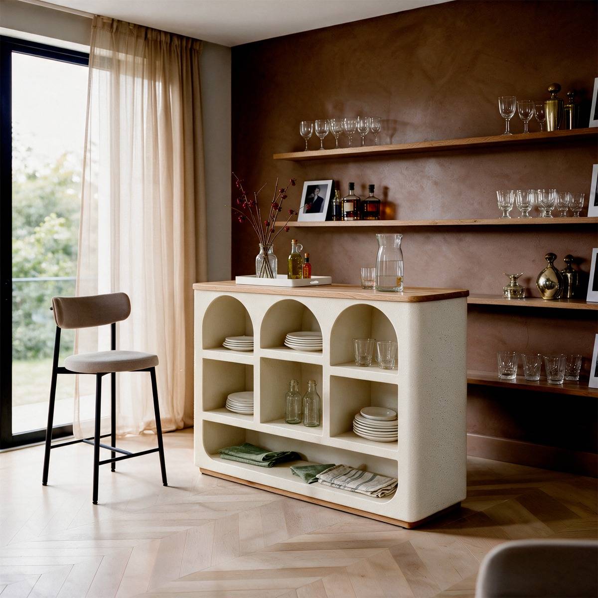 Meuble bar en bois d'acacia et bois effet béton Dalva