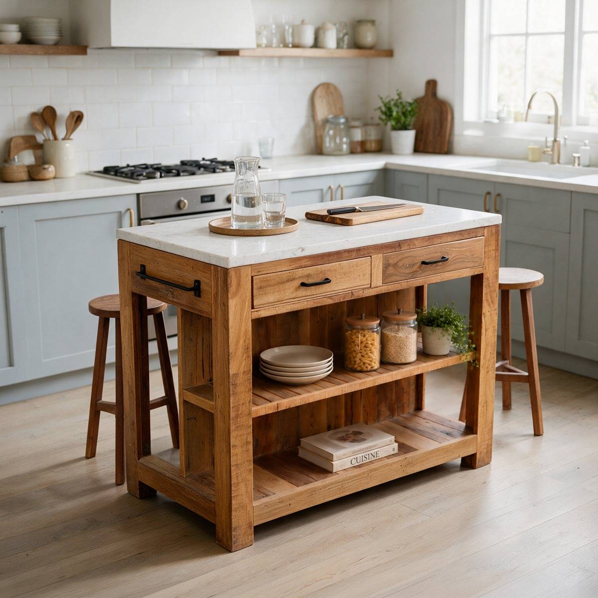 Ilot de cuisine en bois recyclé et en marbre Jeffrey