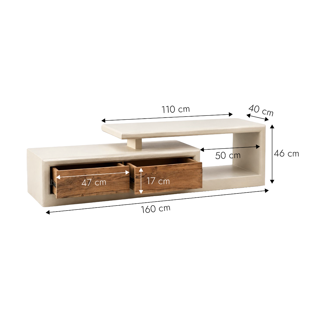 Meuble TV 2 tiroirs en bois effet béton et acacia Dalva