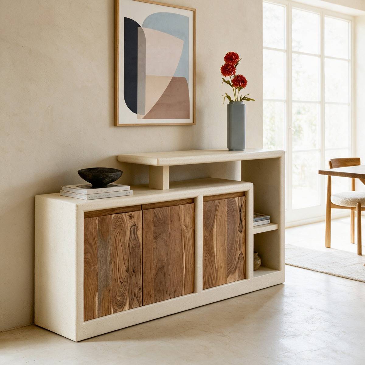 Buffet 3 portes en bois effet béton et acacia Dalva