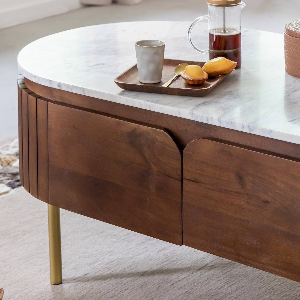 Table basse en bois de manguier et marbre Sienne