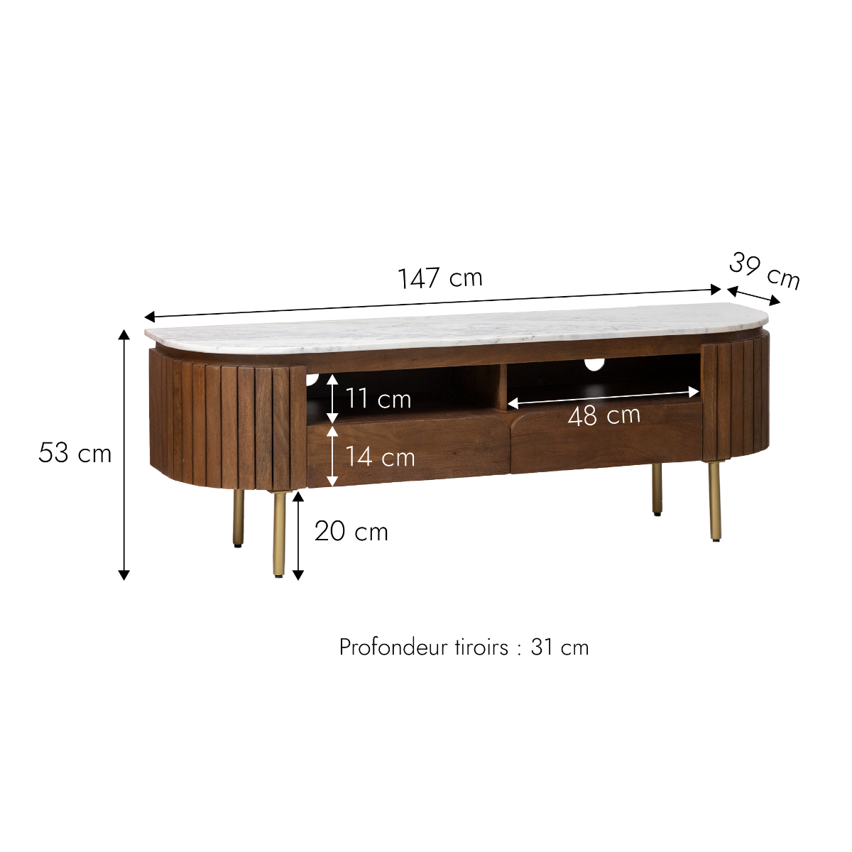 Meuble TV en marbre et bois de manguier Sienne