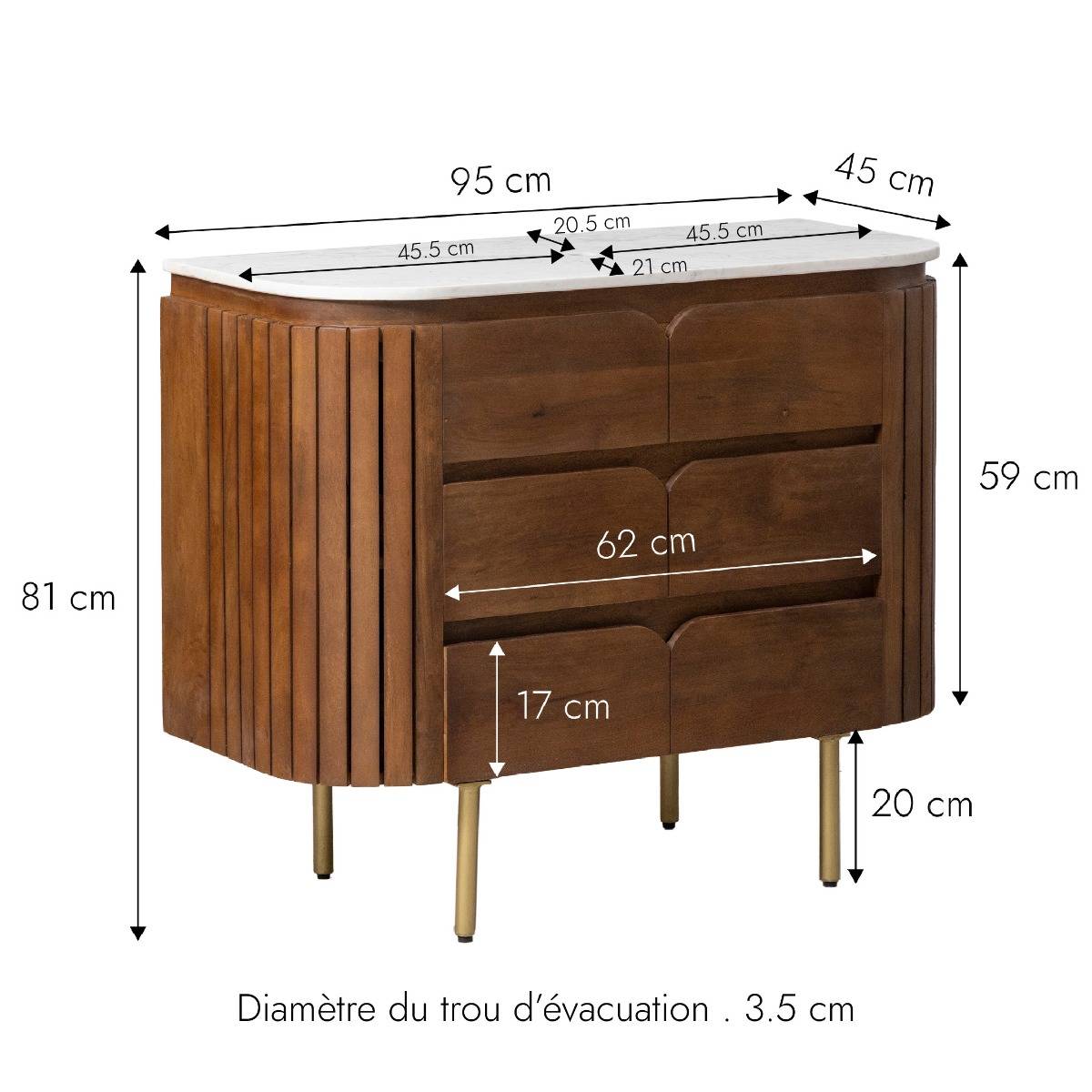 Meuble sous vasque en bois de manguier et marbre Sienne