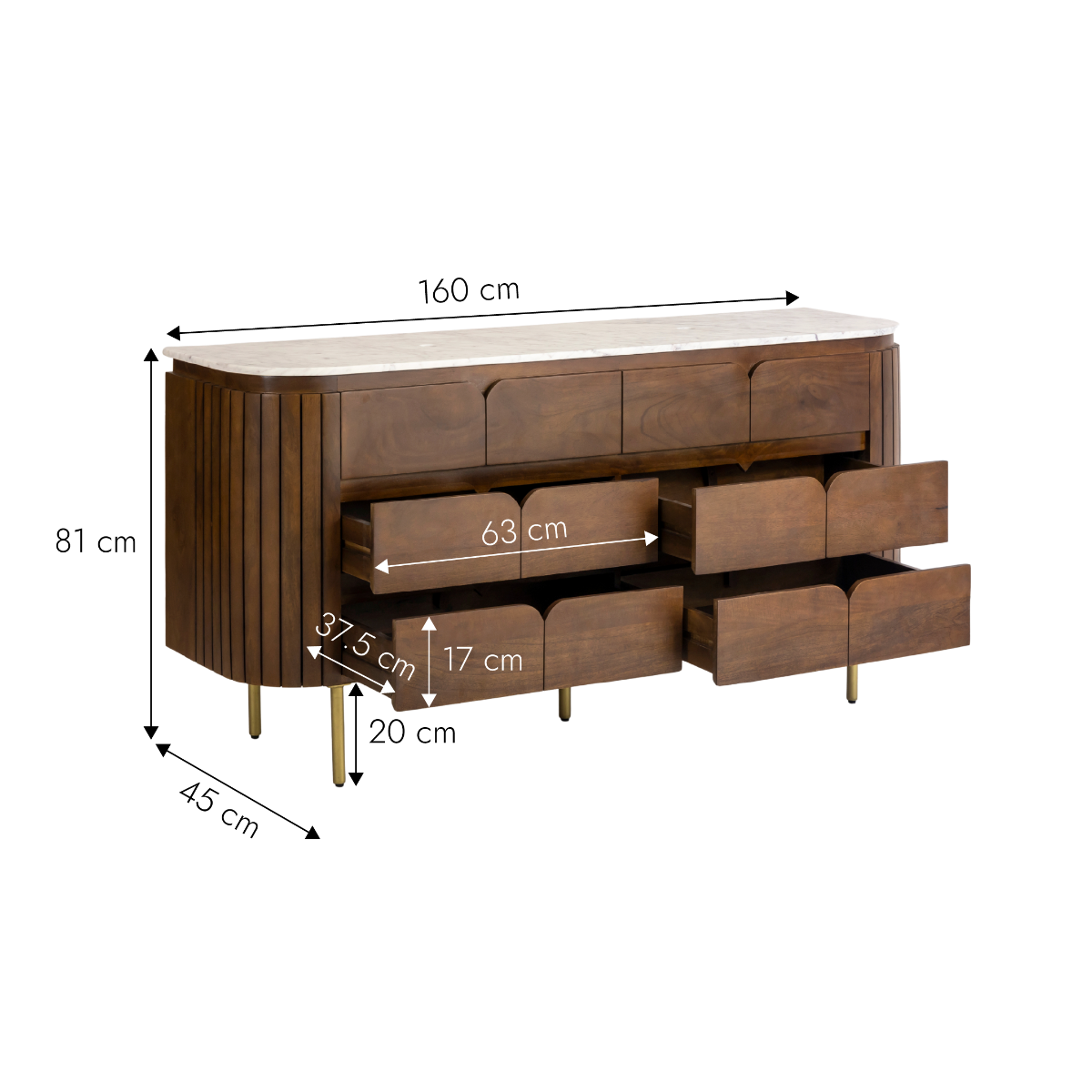 Commode 6 tiroirs en bois de manguier et marbre Sienne