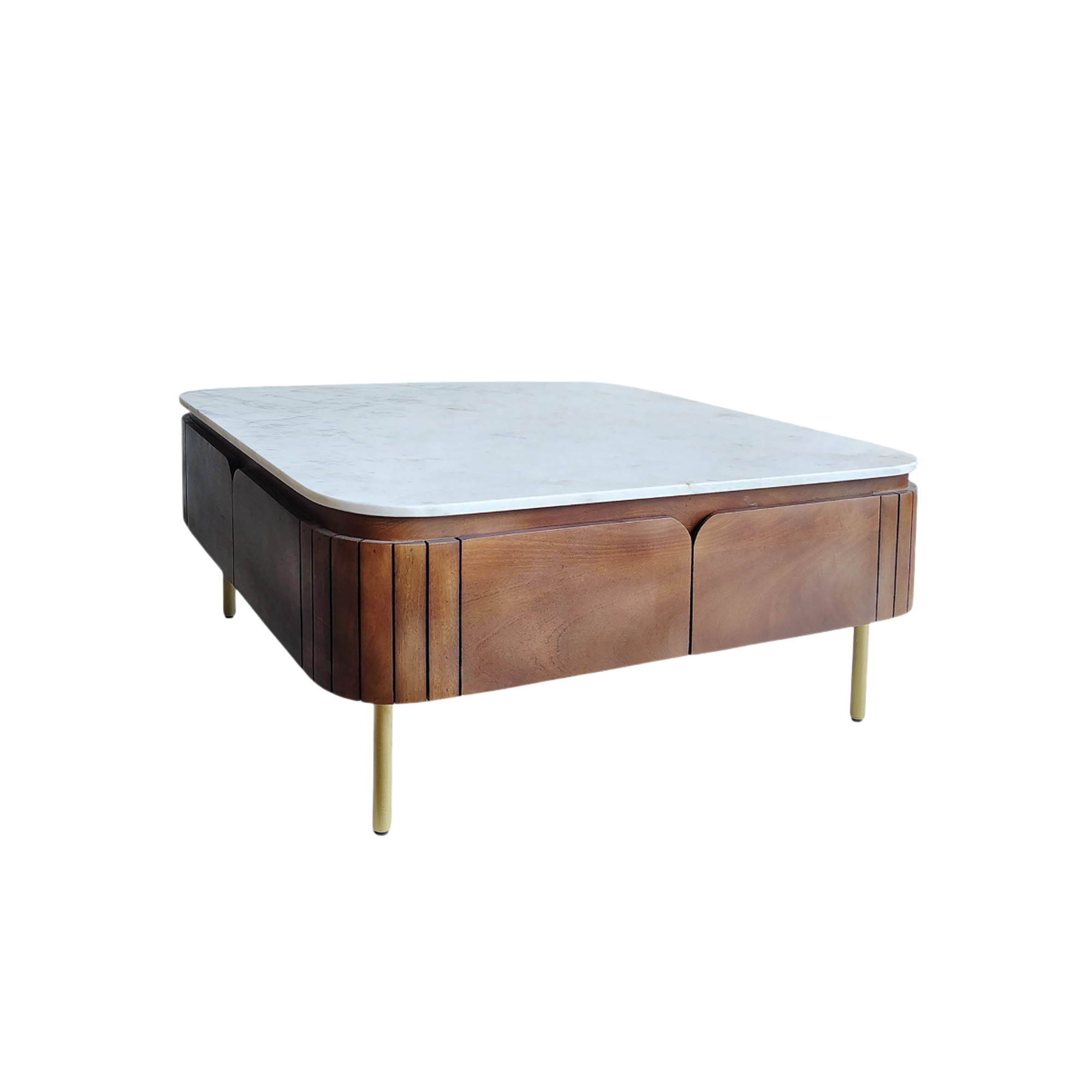 Table basse carrée en bois de manguier et marbre Sienne