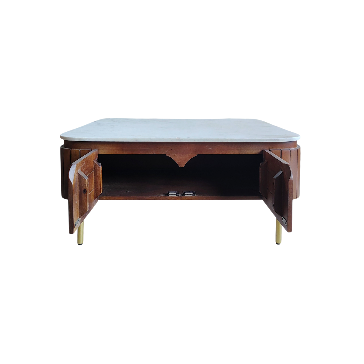Table basse carrée en bois de manguier et marbre Sienne