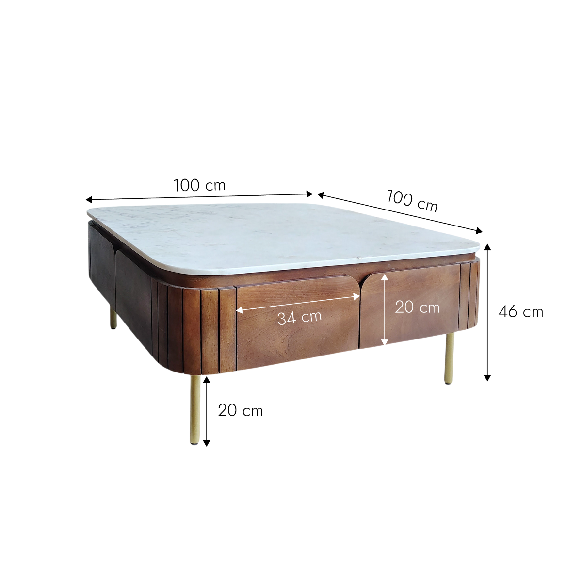 Table basse carrée en bois de manguier et marbre Sienne