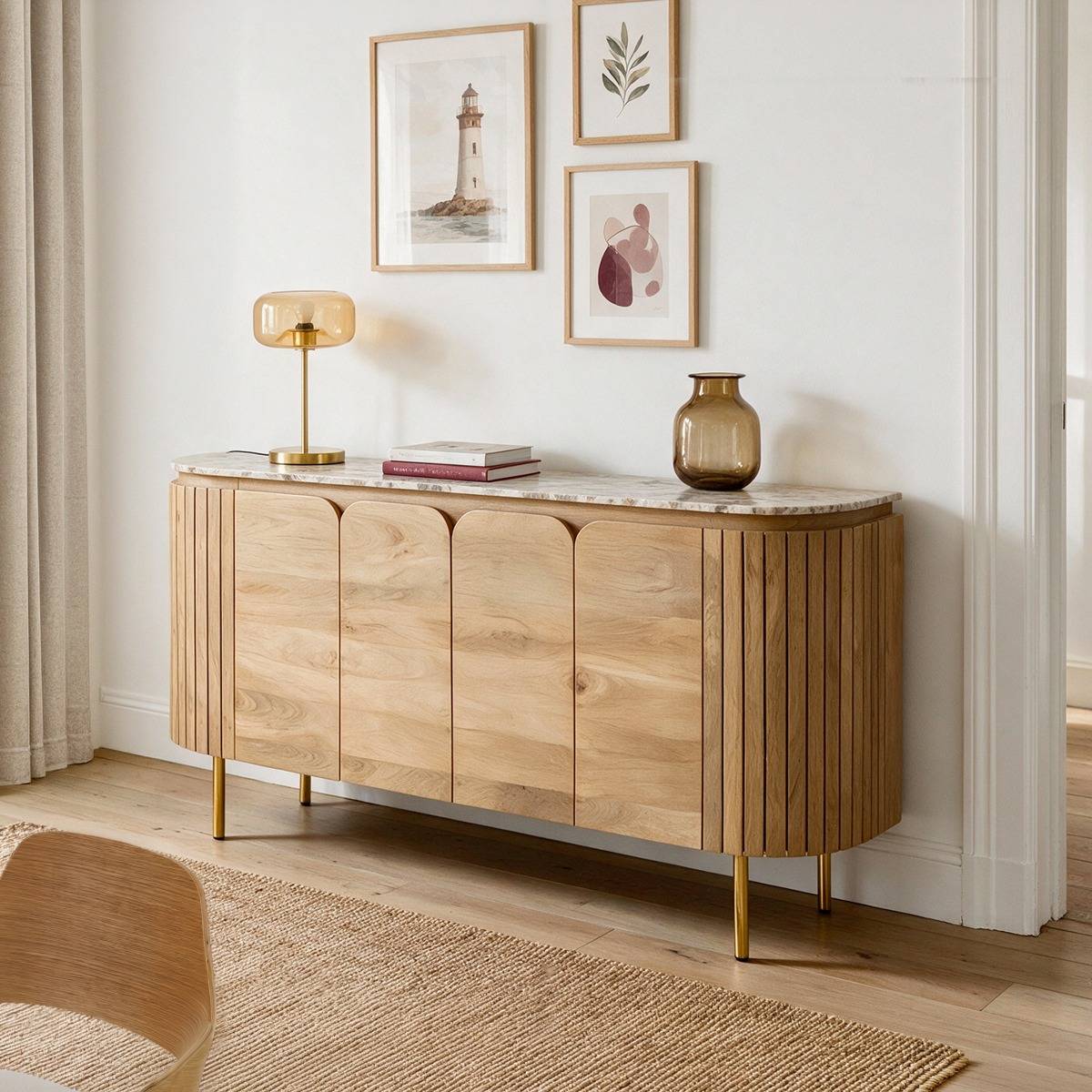 Buffet en marbre et bois de manguier 170cm Cyrène