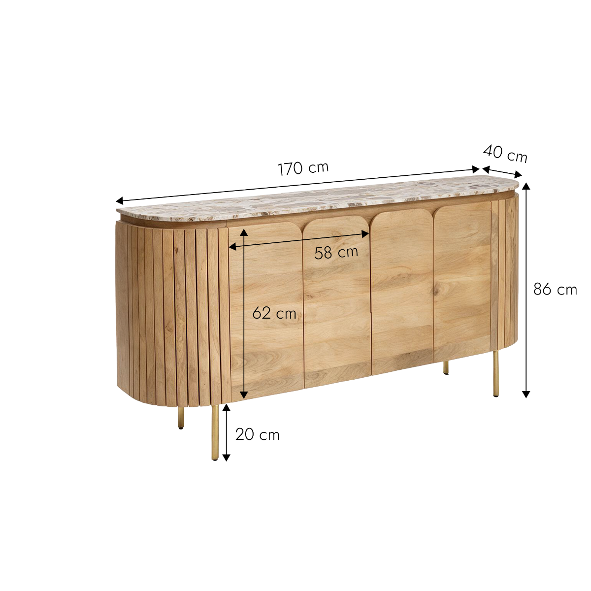 Buffet en marbre et bois de manguier 170cm Cyrène