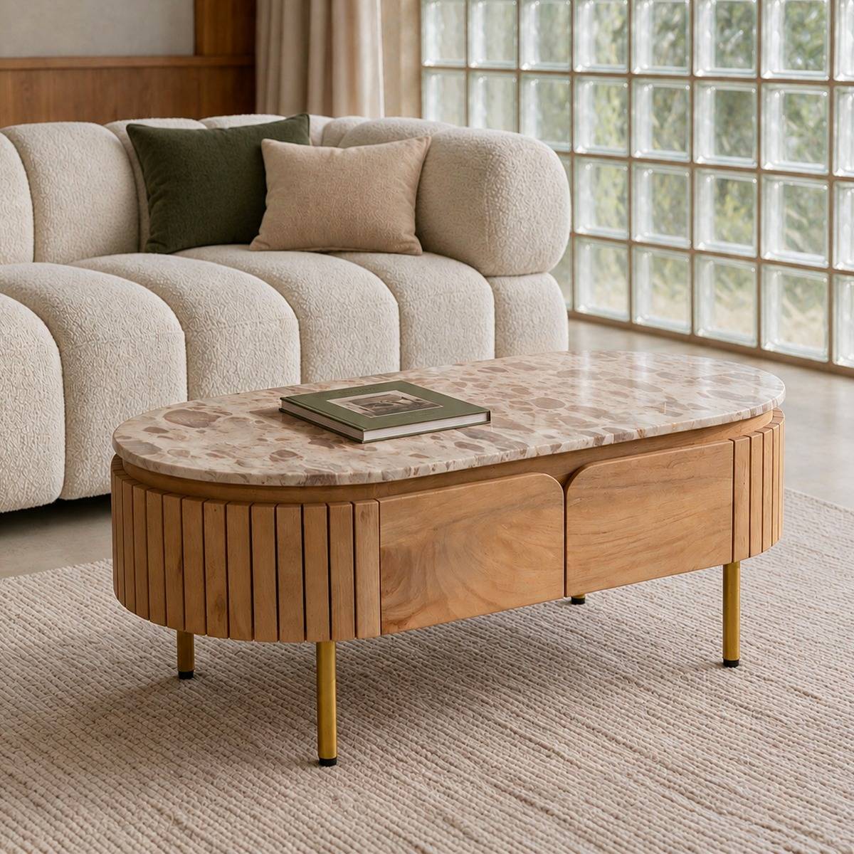 Table basse en marbre et bois de manguier Cyrène