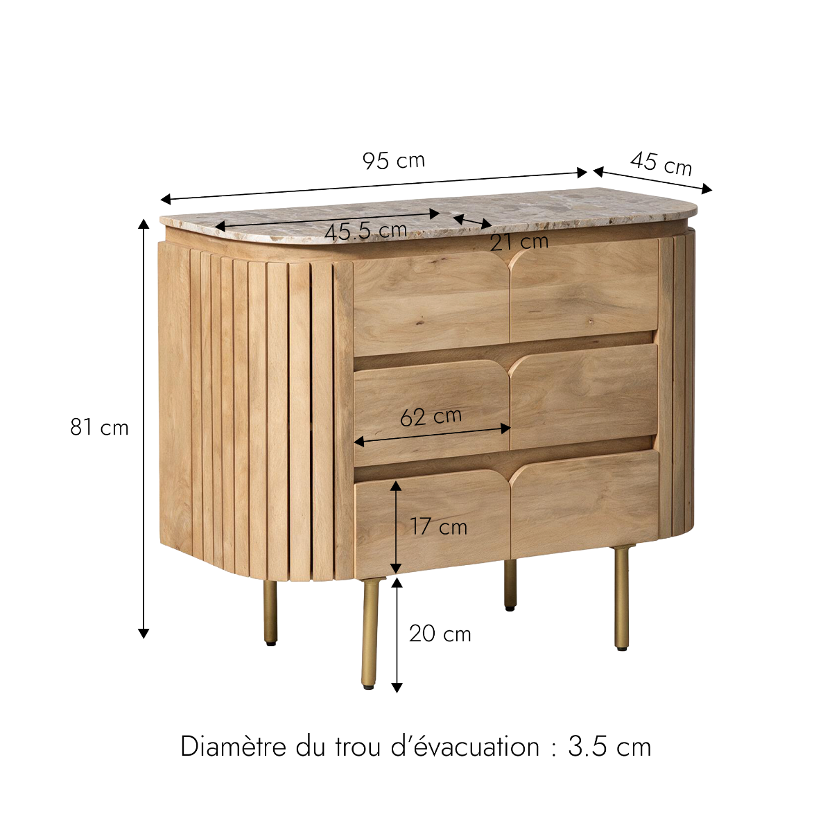 Meuble sous vasque 2 tiroirs en marbre et bois de manguier Cyrène