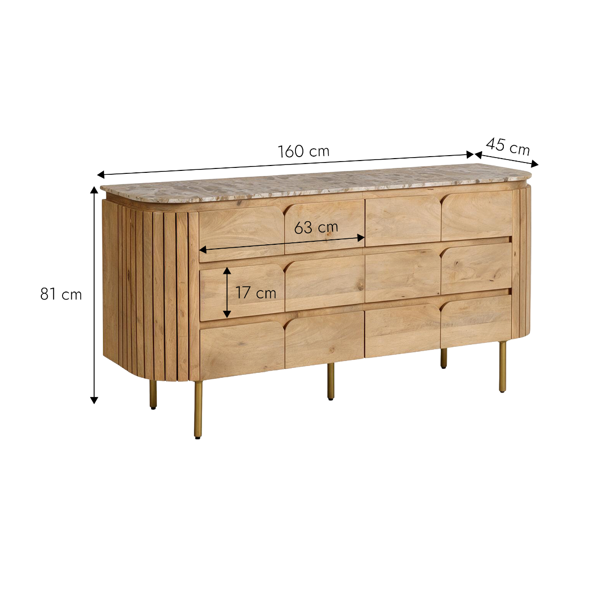 Commode 6 tiroirs en marbre et bois de manguier Cyrène