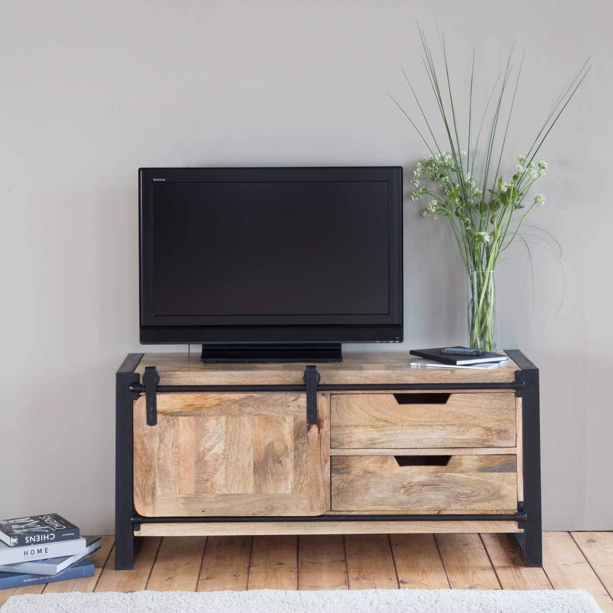 Meuble TV 120 cm en bois et détail noir pour salon