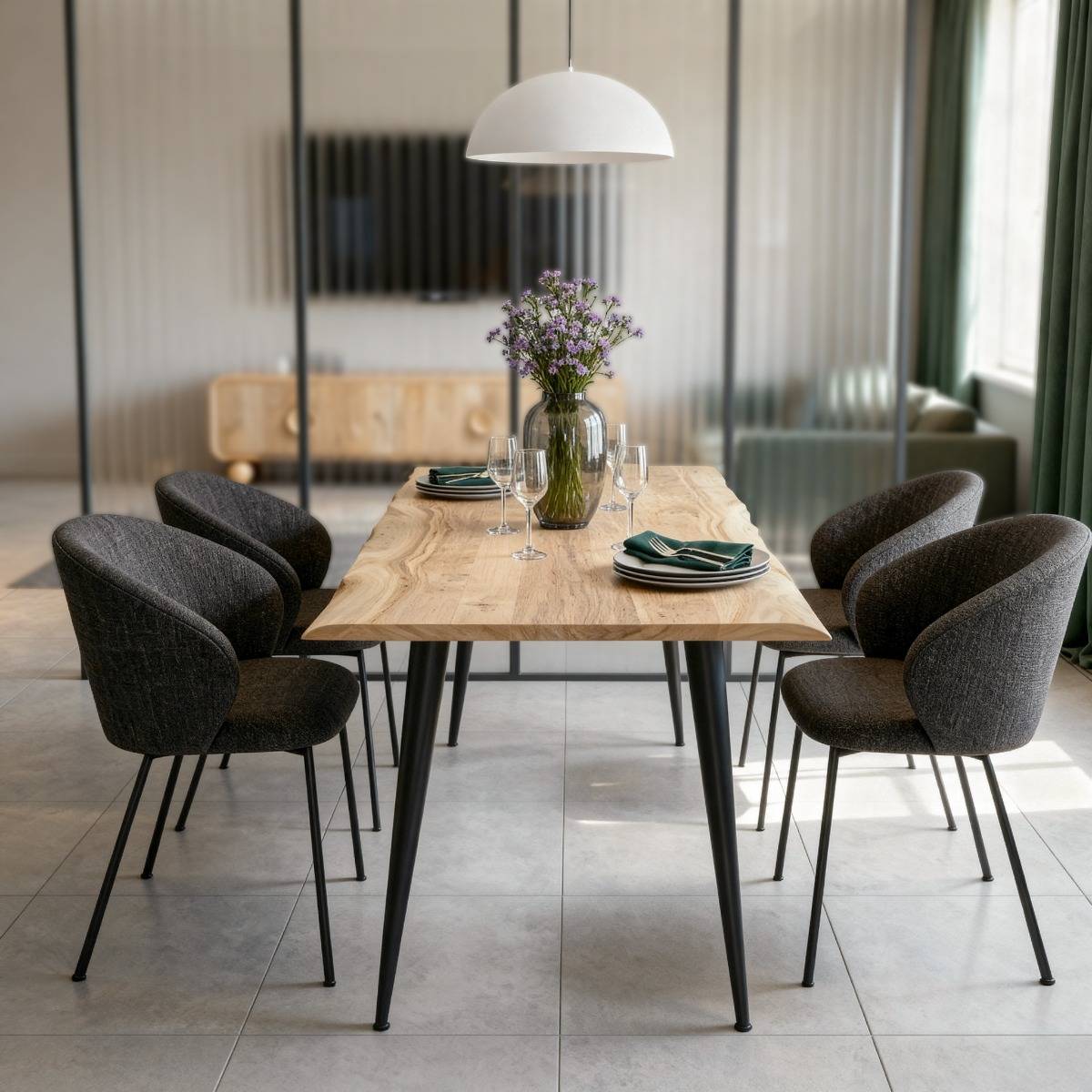 Table à manger en bois d'acacia pieds compas Tree