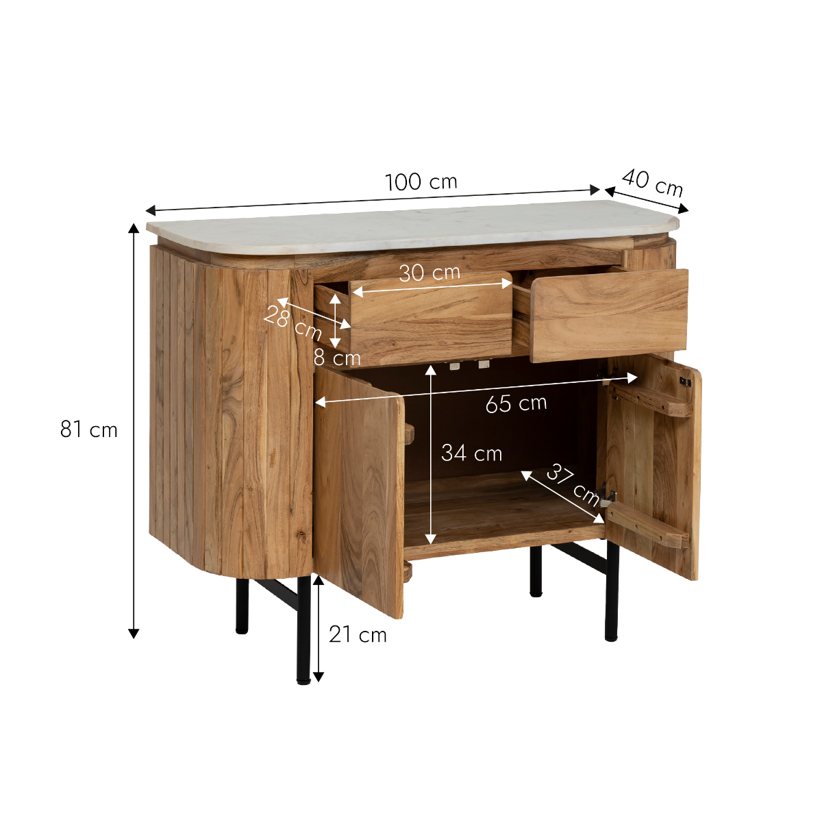 Buffet en bois d'acacia et en marbre blanc Rick