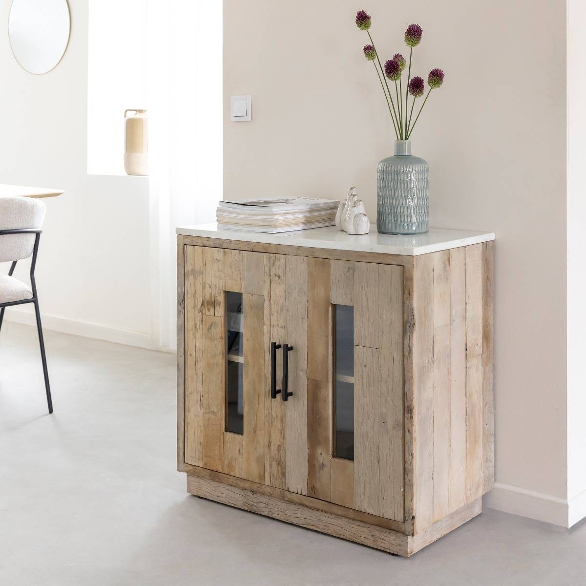 Buffet 2 portes en bois recyclé et marbre Damian