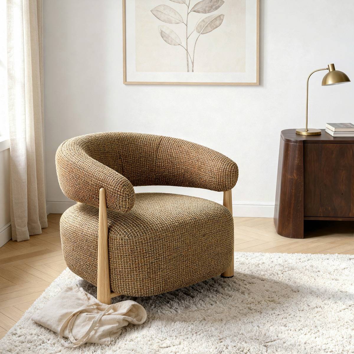 Fauteuil en tissu marron clair et pieds en métal effet bois Anelia