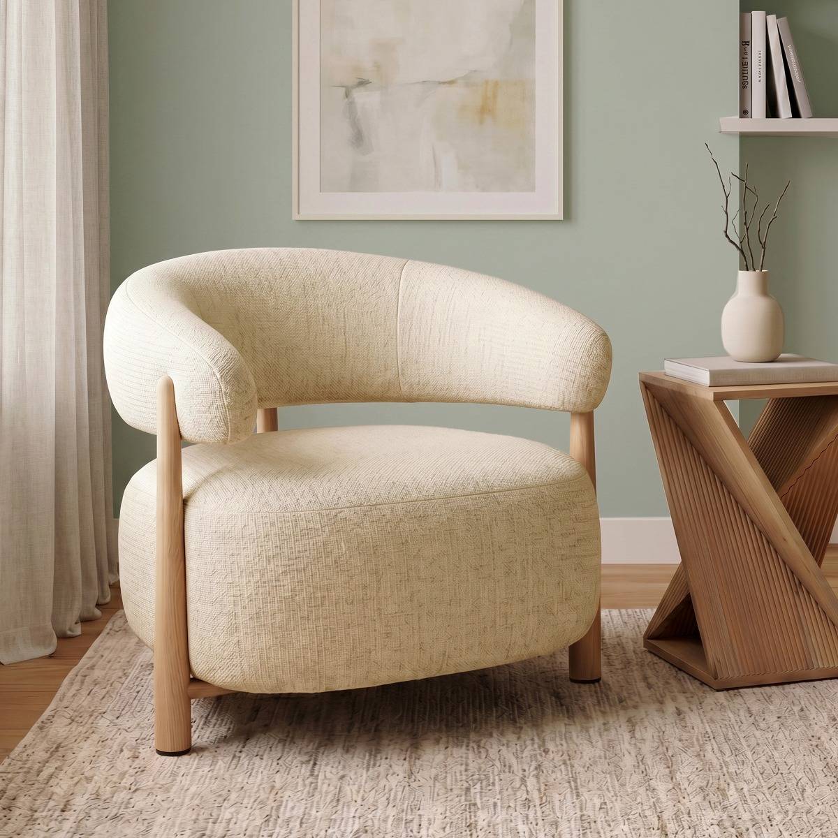 Fauteuil en tissu écru et pieds en métal effet bois Anelia