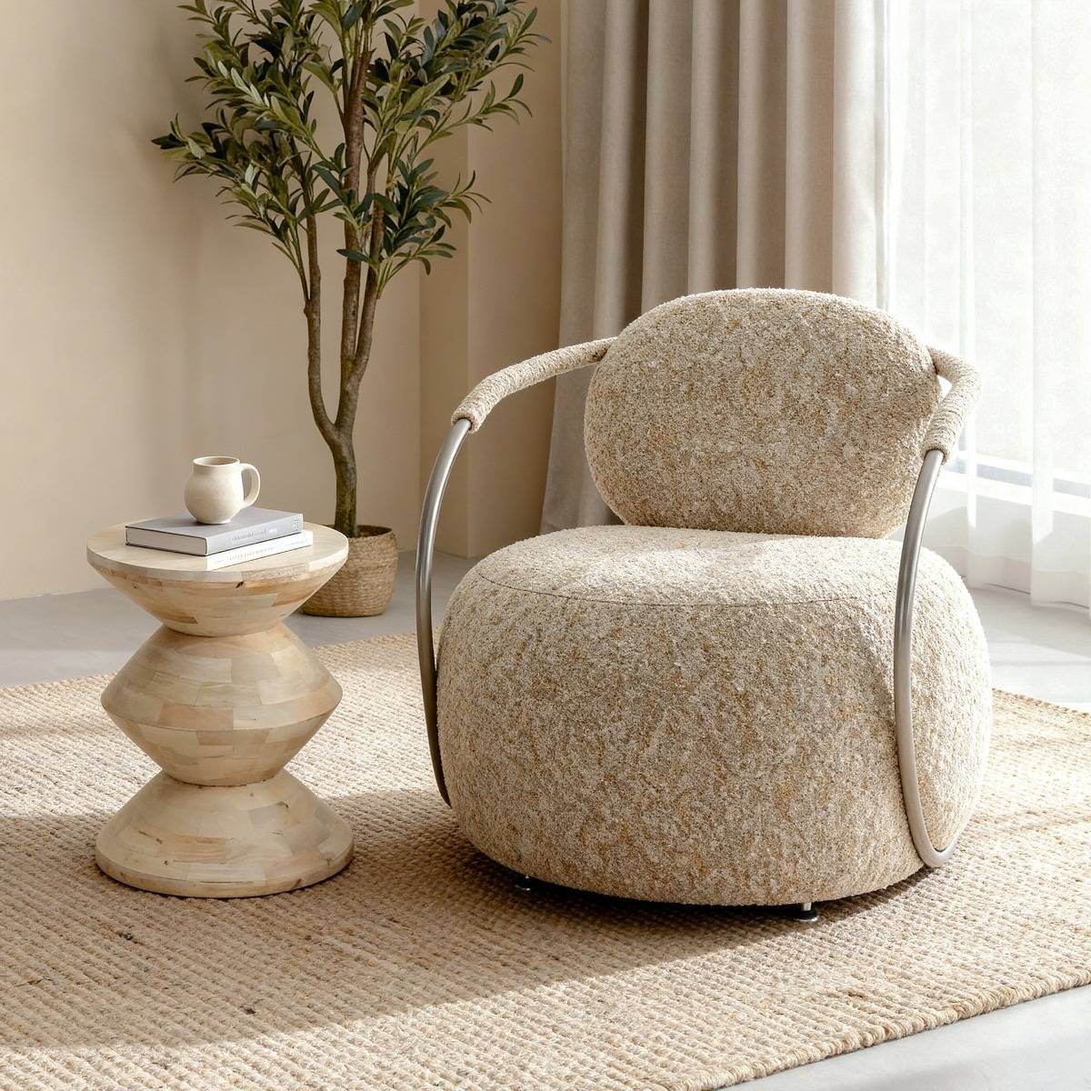 Fauteuil en tissu beige chiné Cassy