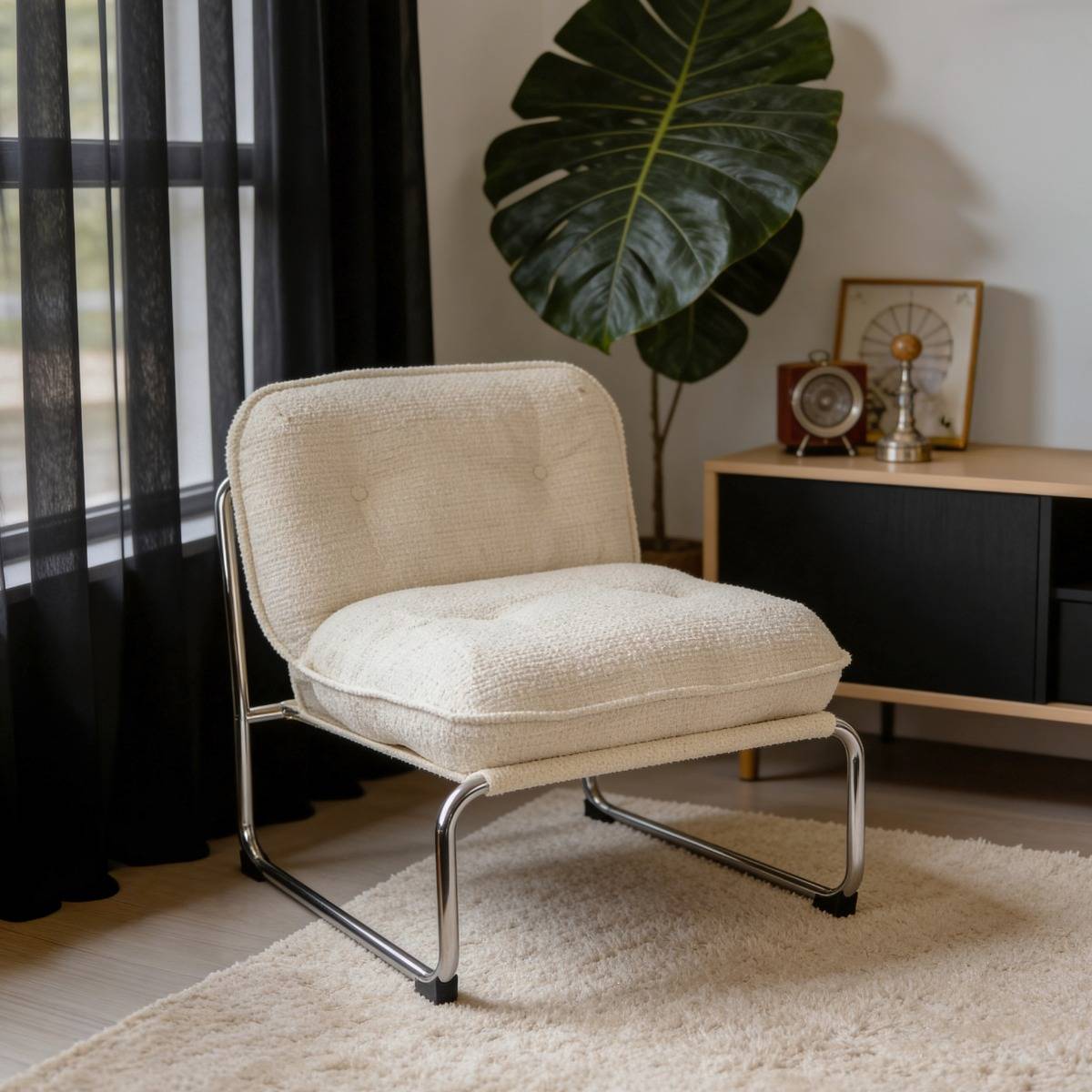 Fauteuil en tissu écru et pieds en chrome Chelsea