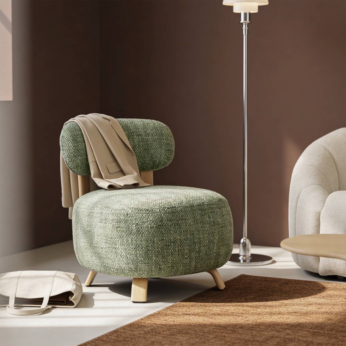 Fauteuil en tissu vert et pieds en métal effet bois Pascaline