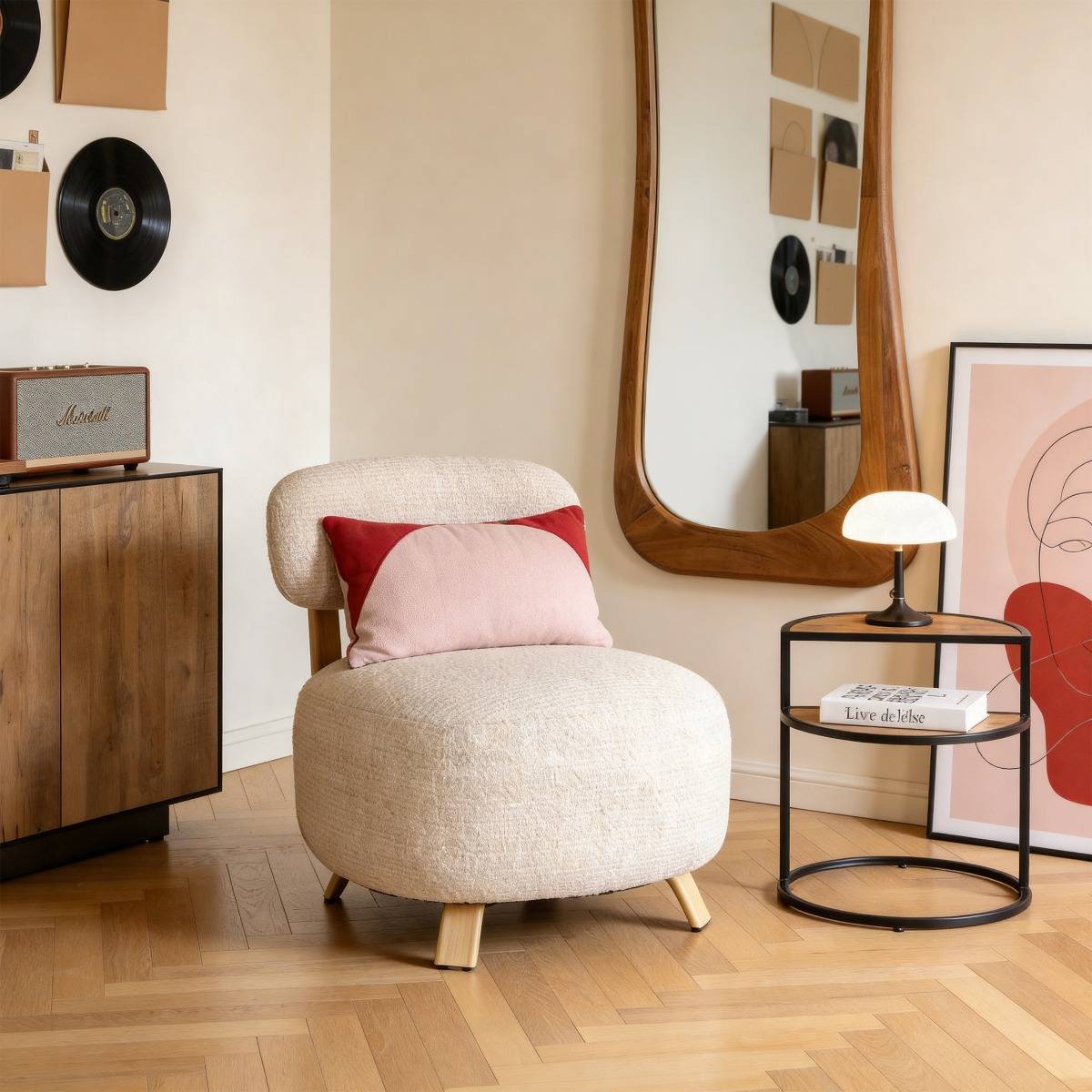 Fauteuil en tissu écru et pieds en métal effet bois Pascaline
