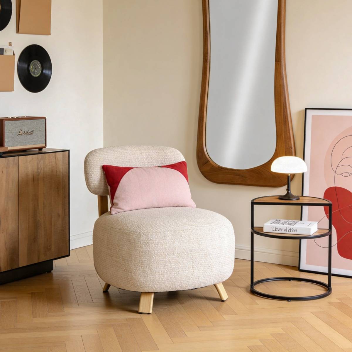 Fauteuil en tissu écru et pieds en métal effet bois Pascaline