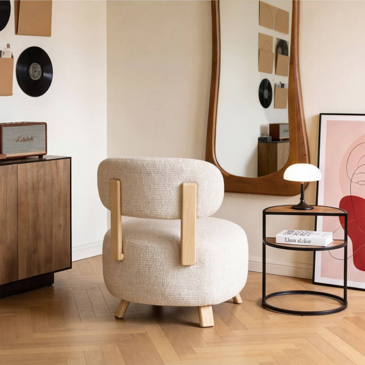 Fauteuil en tissu écru et pieds en métal effet bois Pascaline