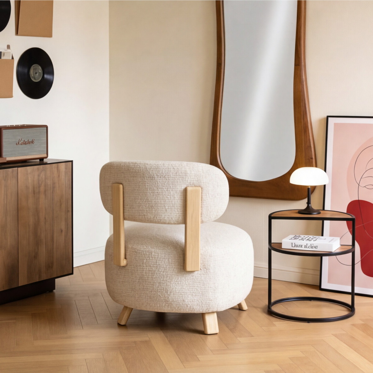 Fauteuil en tissu écru et pieds en métal effet bois Pascaline