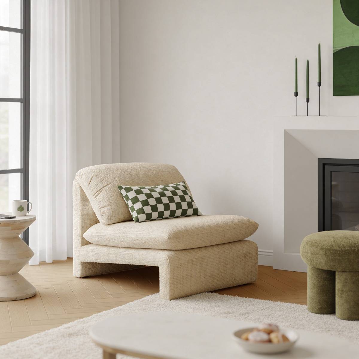 Fauteuil lounge en tissu écru Arelya