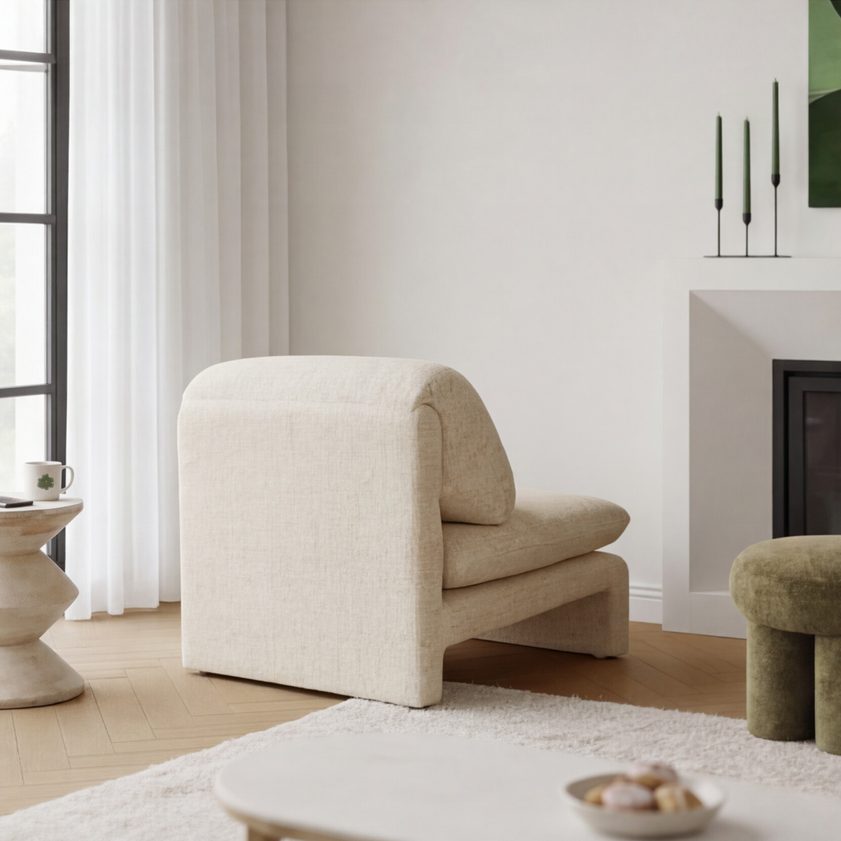 Fauteuil lounge en tissu écru Arelya