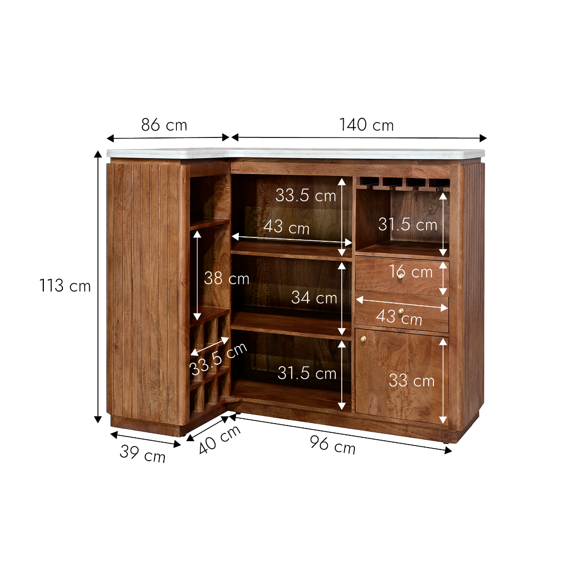 Meuble bar en bois de manguier et marbre Marion