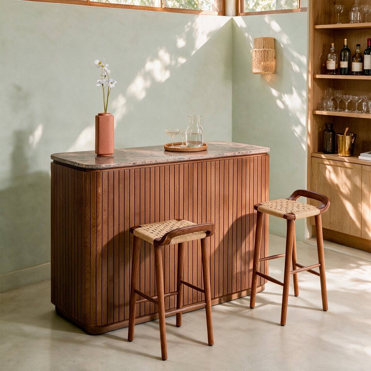 Meuble bar en bois de manguier et marbre Amaya