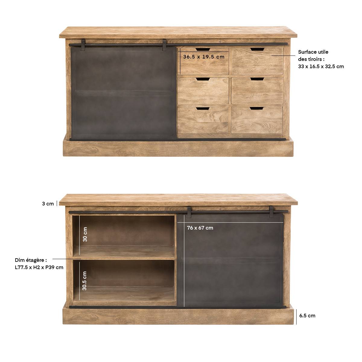 Buffet en bois de manguier brossé et métal noir 6 tiroirs Helsinki