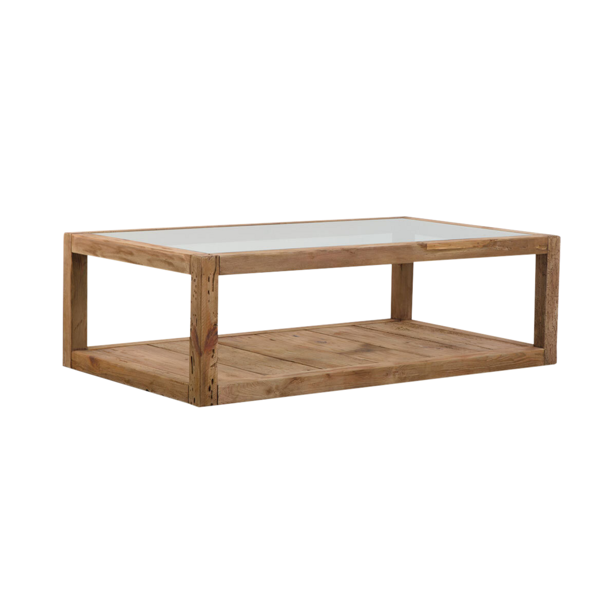 table basse pin recyclé et verre