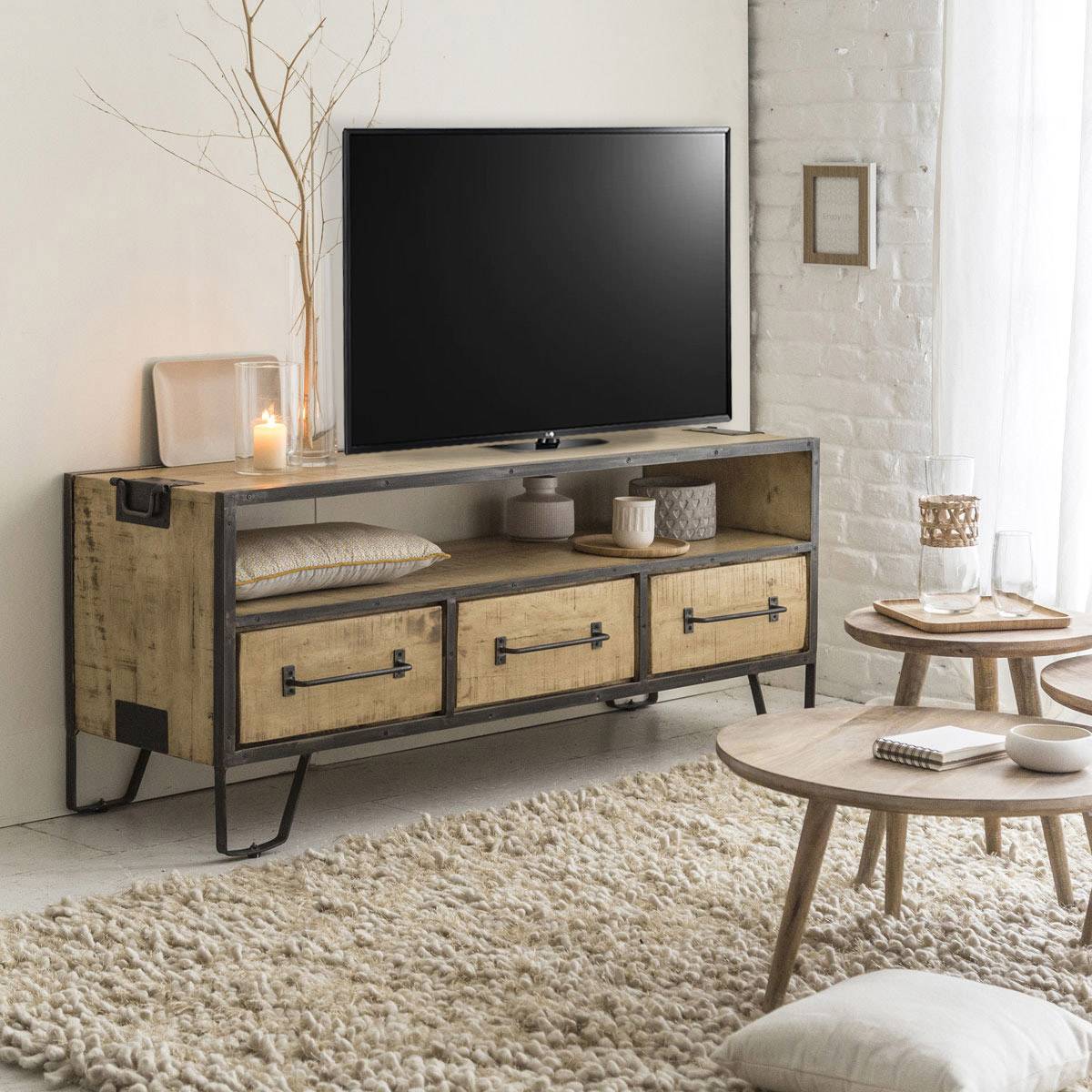 Meuble TV en bois de manguier 3 tiroirs Wood