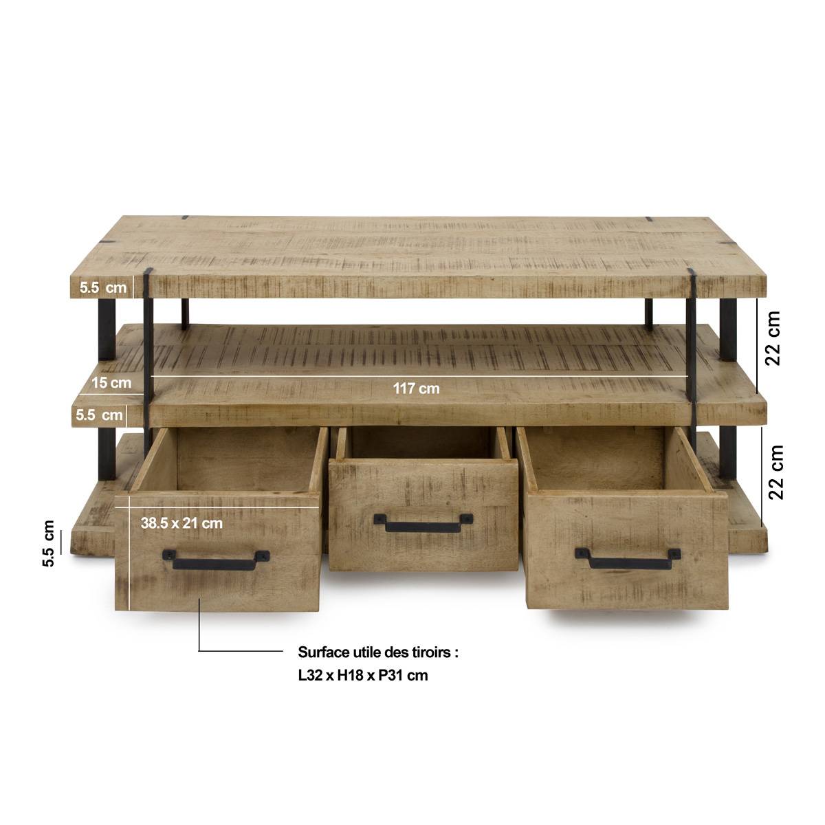 Meuble TV en bois de manguier double plateau Wood