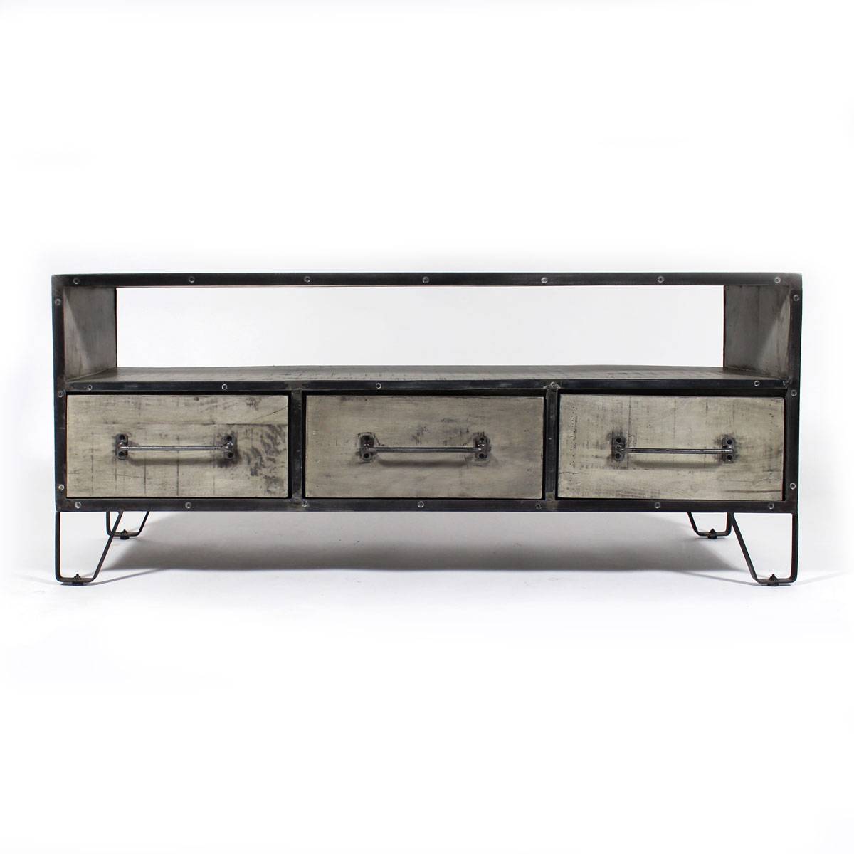 meuble tv 3 tiroirs bois métal gris