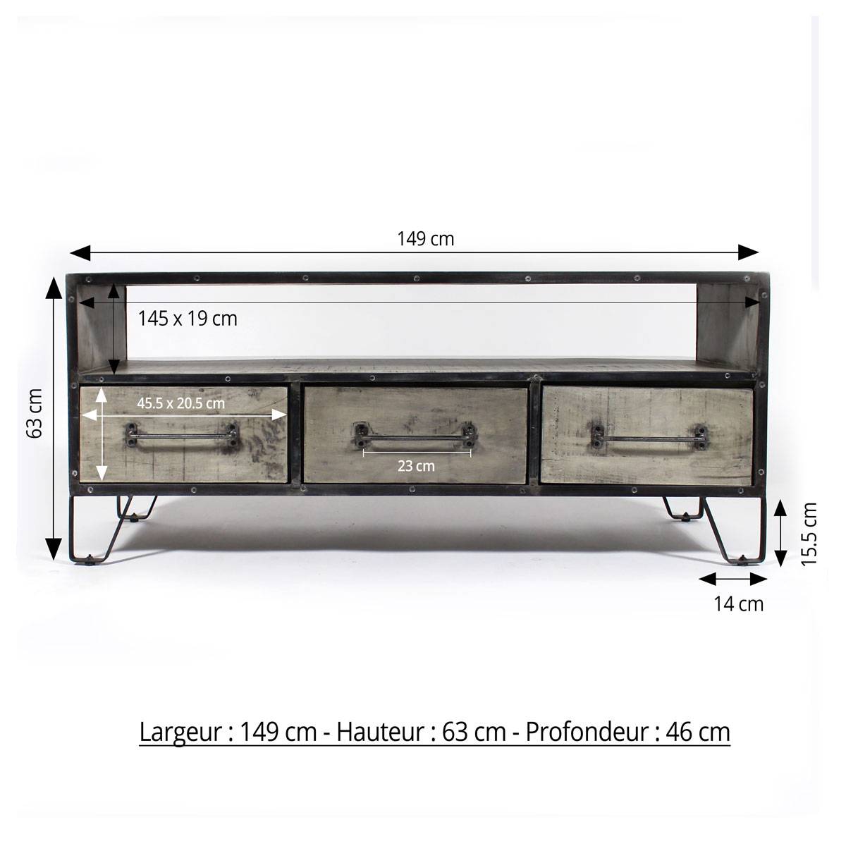 Meuble TV industriel gris, 3 tiroirs, 1 niche