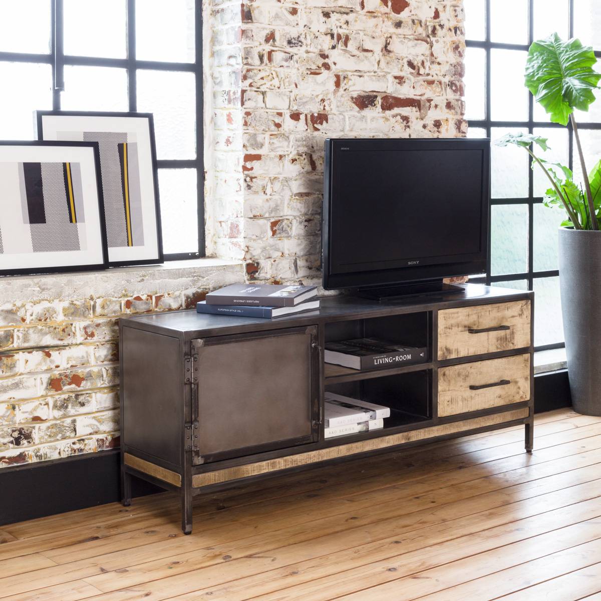 meuble tv métal bois porte tiroir