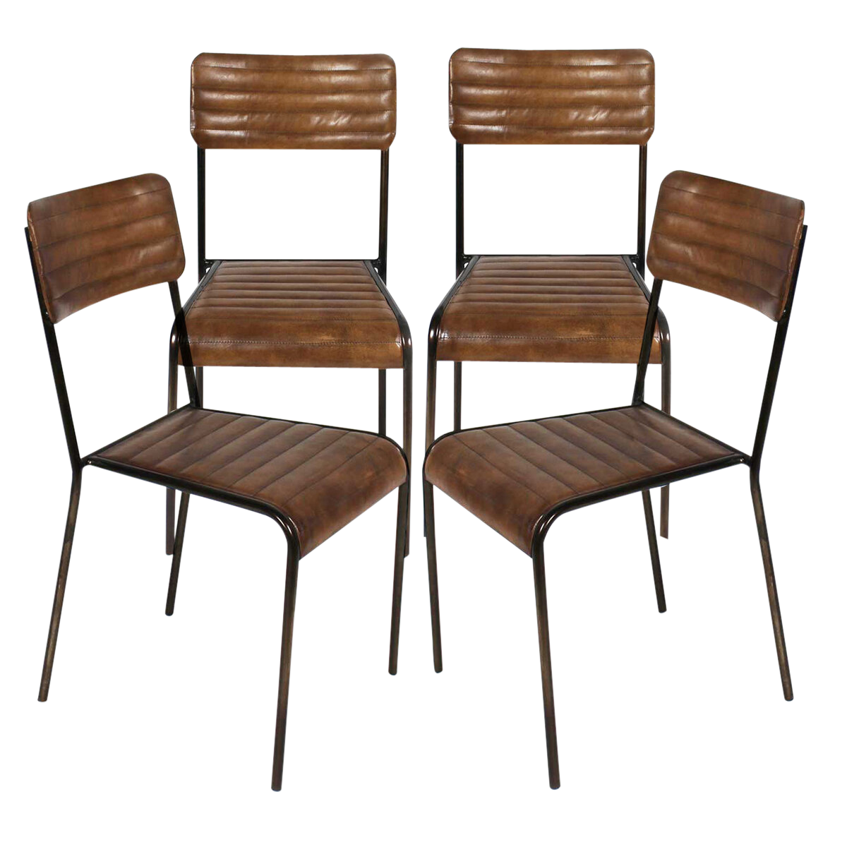 Lot de 4 chaises industrielles cuir marron