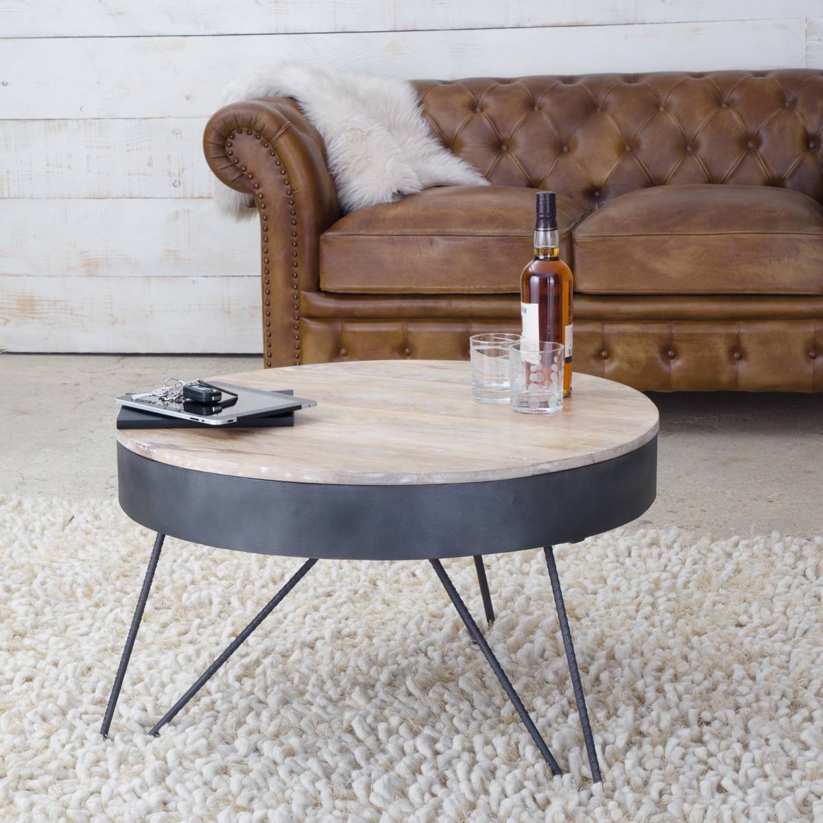 table basse ronde industrielle bois métal