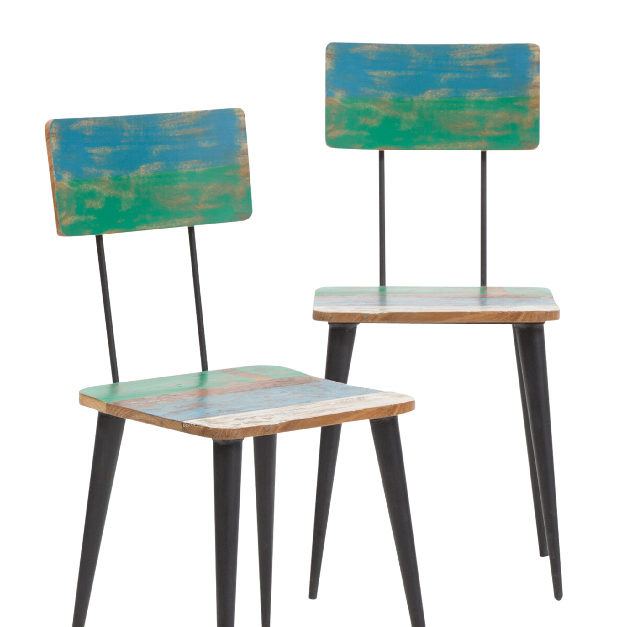 Lot de 2 chaises bois coloré et métal bleu vert