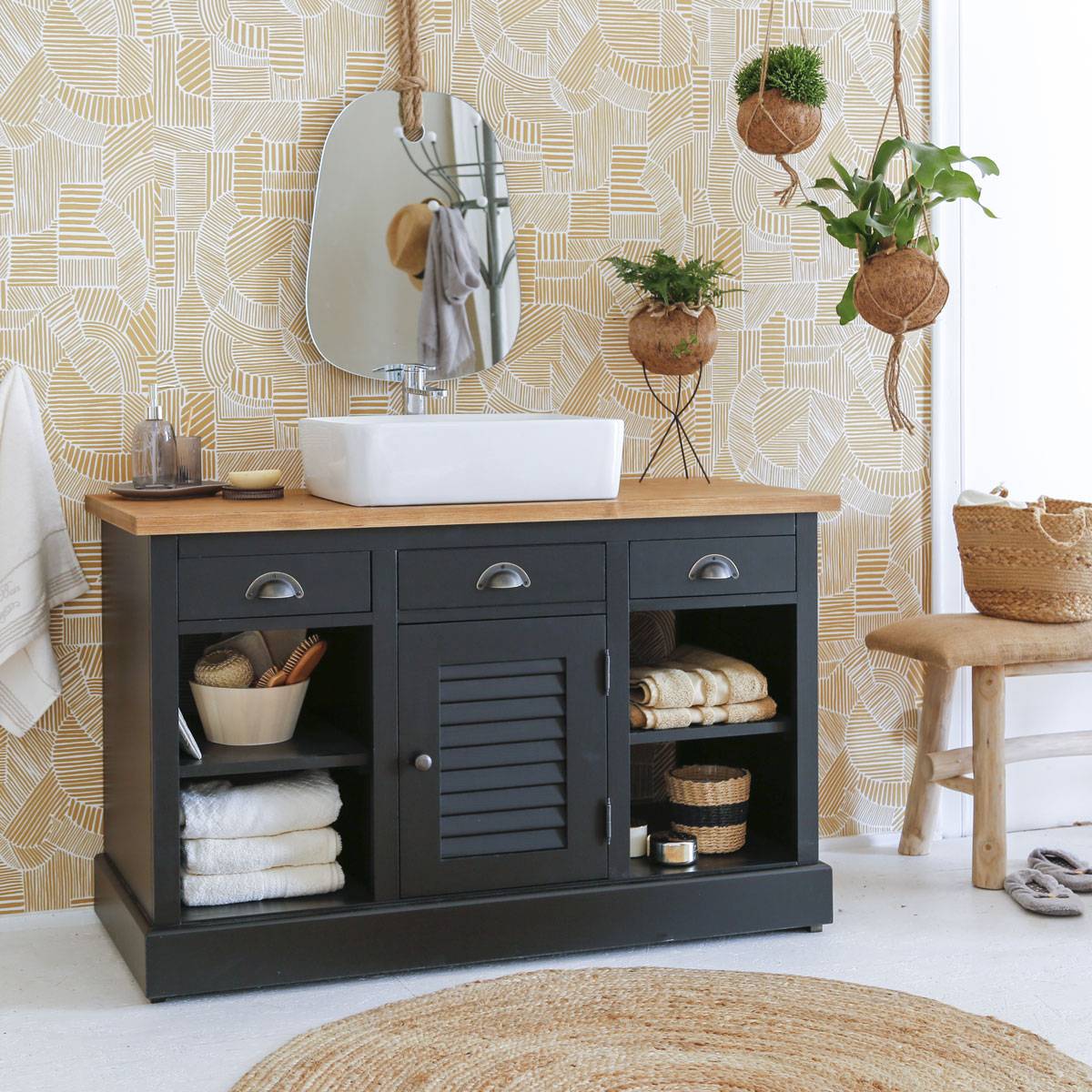 Meuble de salle de bain 120 cm simple vasque, meuble de salle de bain 120  cm bois et noir Lumarzo
