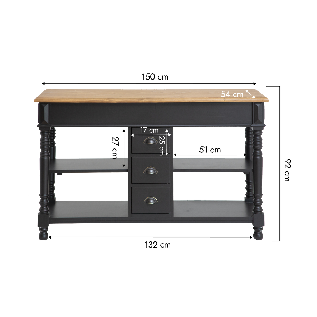 Meuble sous vasque en bois massif noir Manel 150 cm