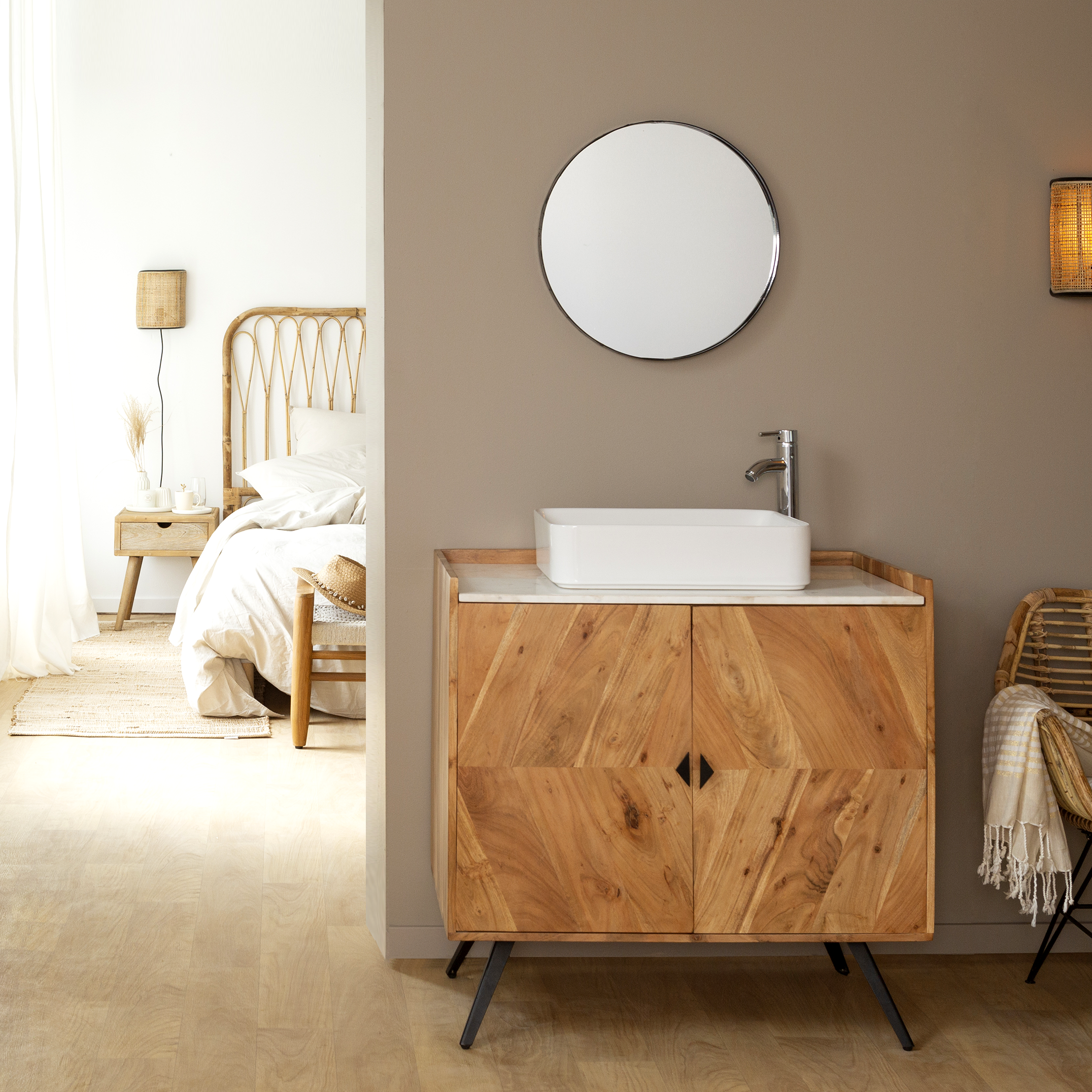 Meuble salle de bain en bois d'acacia et marbre Aloé