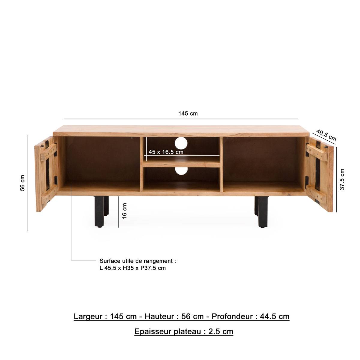 Meuble TV en bois d'acacia et métal Mahé