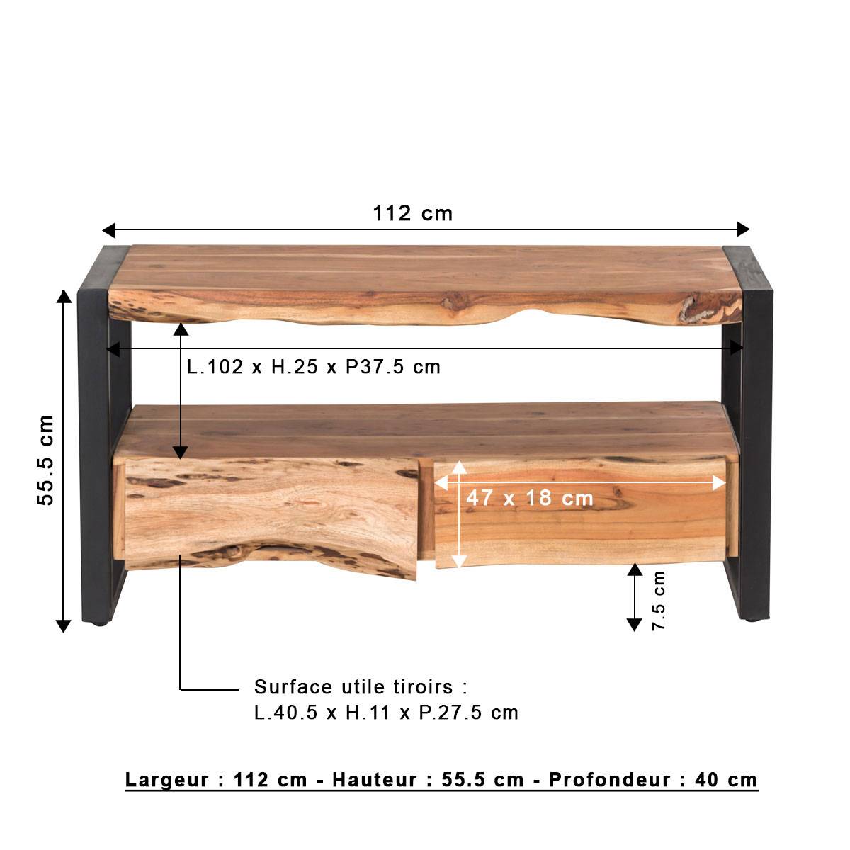 Meuble TV en bois d'acacia 2 tiroirs Tree