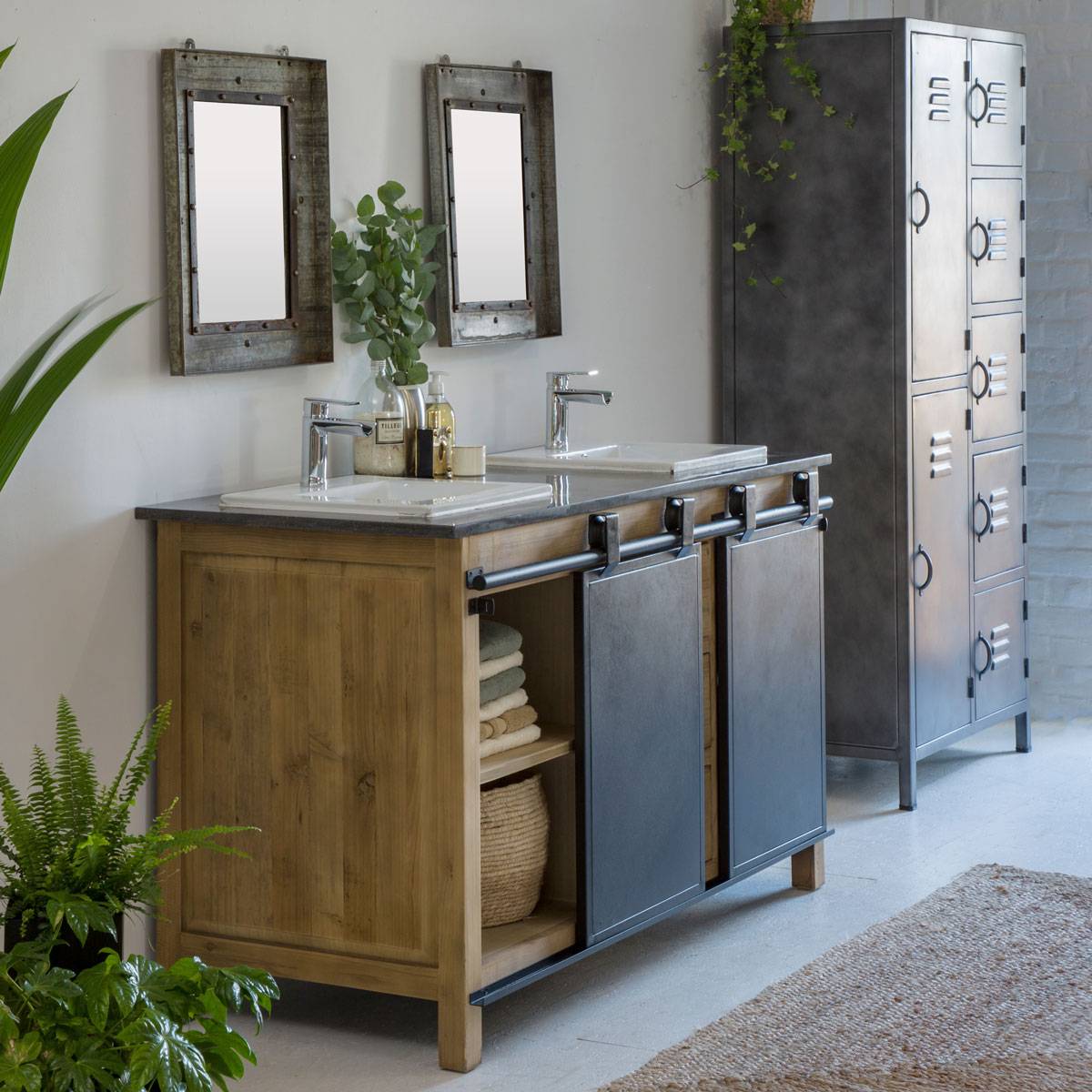 Meuble de salle de bain en bois recyclé et métal Jade